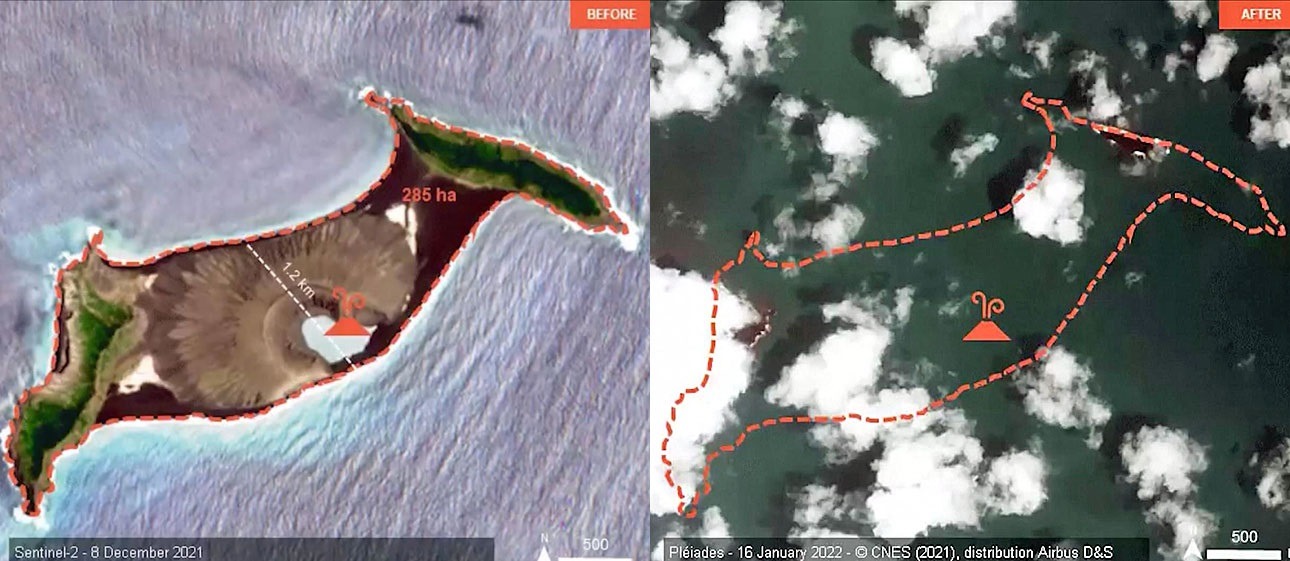 Satellittbilder viser enorme ødeleggelser på Tonga